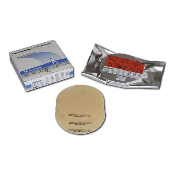 Erkodur-A3 zahnfarben, mit Isolierfolie, Ø 120 mm (rund) - Stärke 0,6 mm, Packung 20 Stück