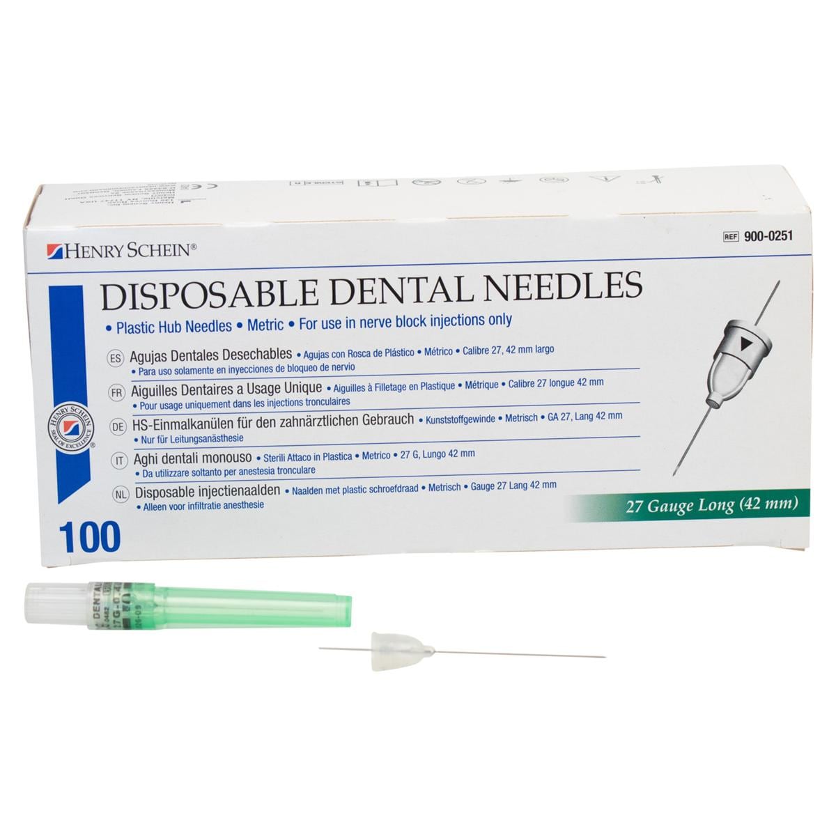 HS-Injektionskanülen, Disposable Dental Needles - Grün - 27G, 0,4 x 42 mm, lang, Packung 100 Stück