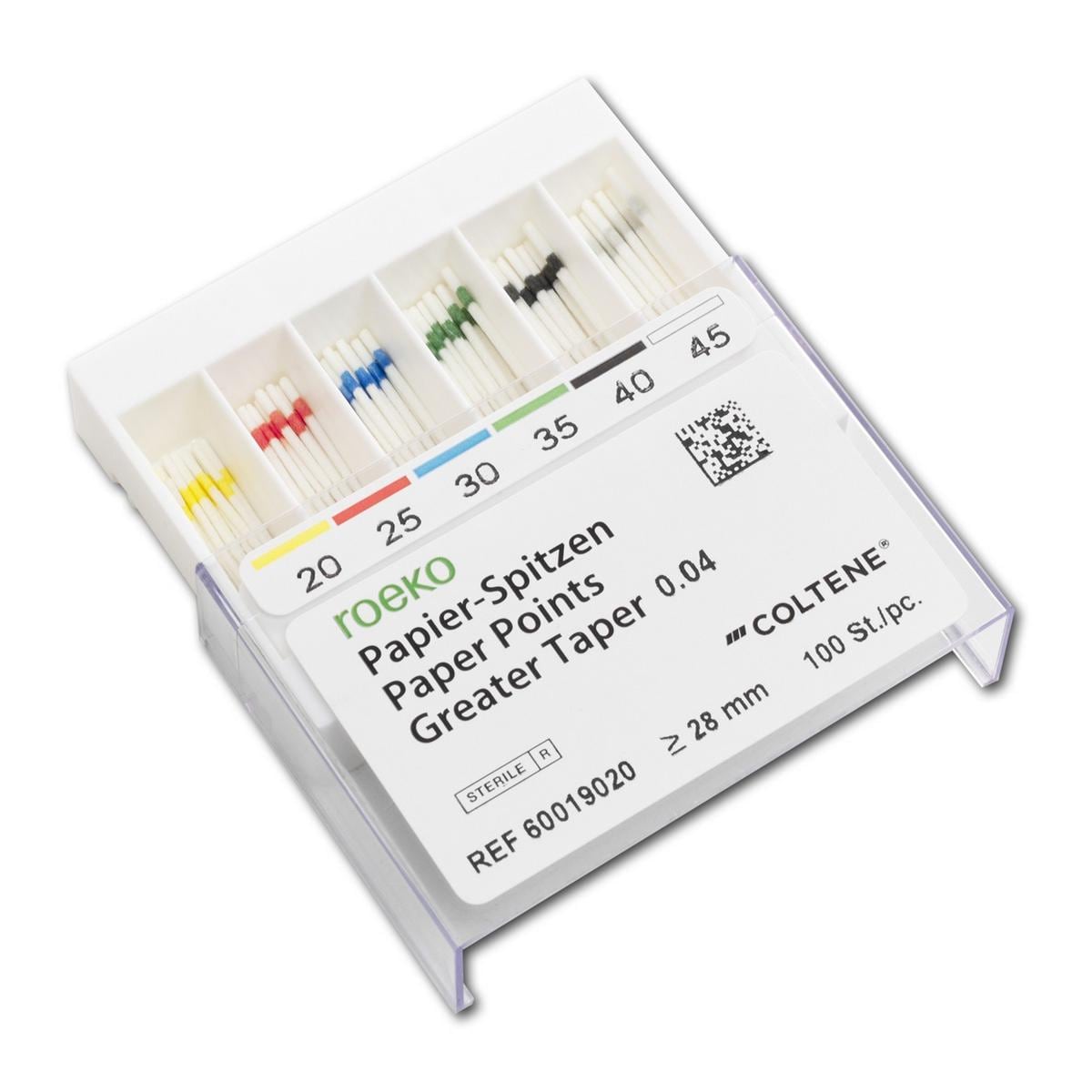 roeko Papier Spitzen Greater Taper - Schiebeschachtel - Taper 0.04, ISO 020 - 045, Packung 100 Stück