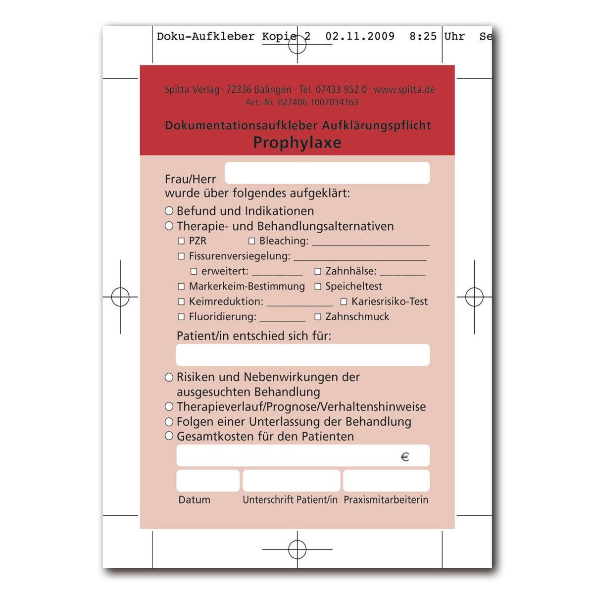 Dokumentationsaufkleber Aufklärungspflicht - Prophylaxe, Packung 50 Stück