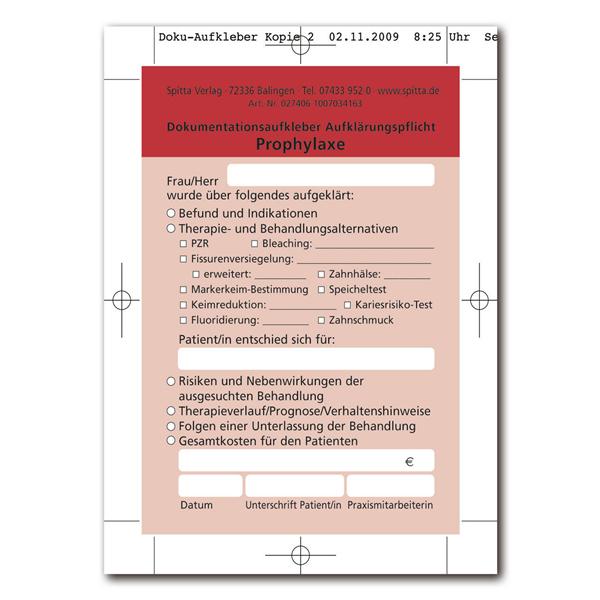 Dokumentationsaufkleber Aufklärungspflicht - Prophylaxe, Packung 50 Stück