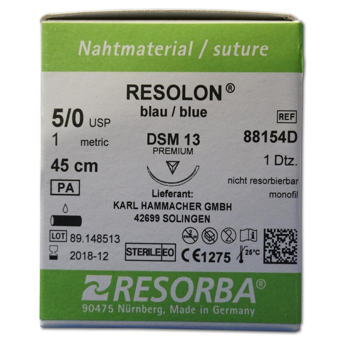 Resorba RESOLON® blau monofil - Nadeltyp DSM 13 - USP 5-0, Länge 45 cm, Packung 12 Stück