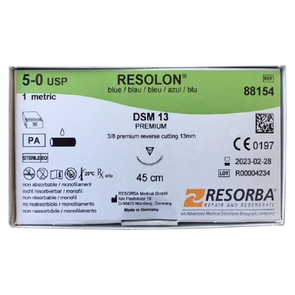 RESOLON® blau monofil - Nadeltyp DSM 13 - USP 5-0, Länge 45 cm, Packung 36 Stück