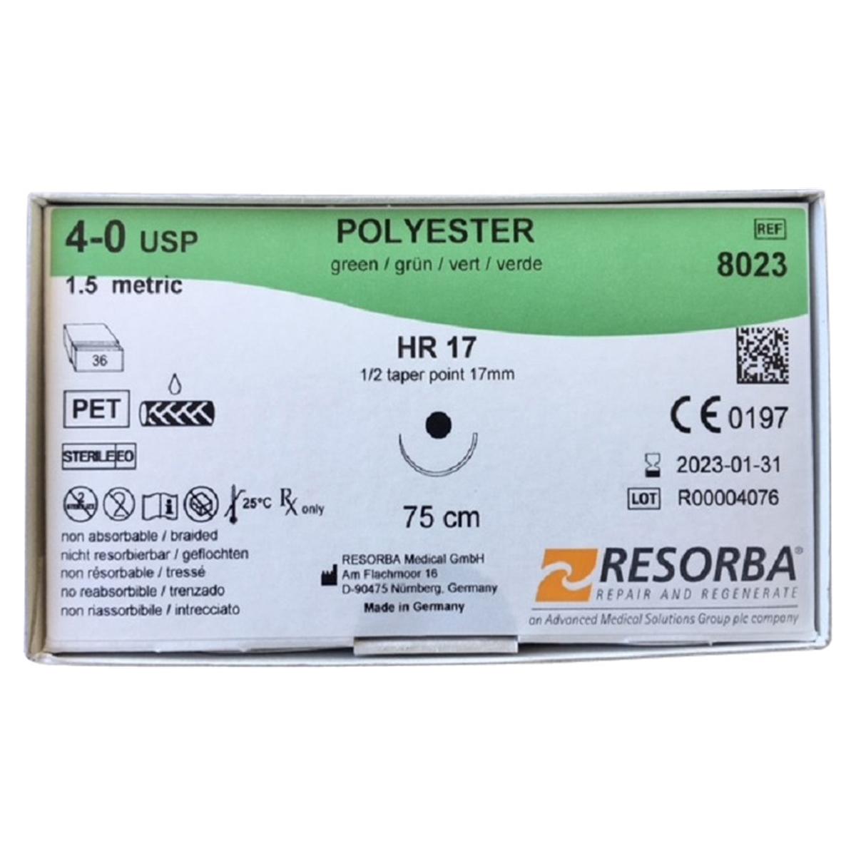 POLYESTER grün geflochten - Nadeltyp HR 17 - USP 4-0, Länge 75 cm, Packung 36 Stück