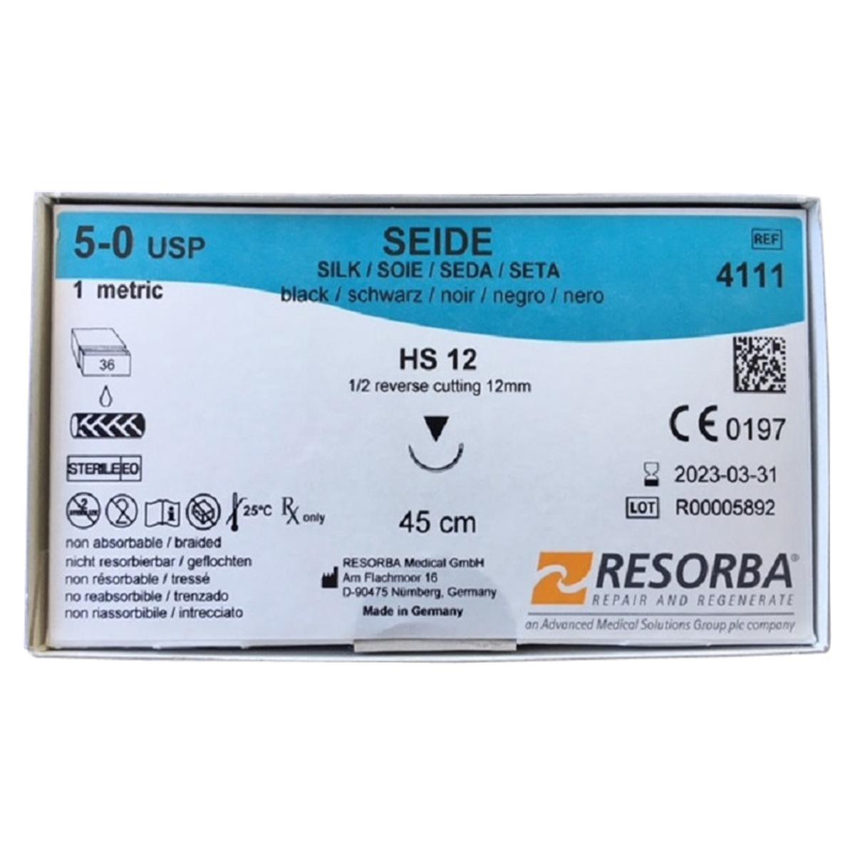 Seide schwarz - Nadeltyp HS 12 - USP 5-0, Länge 45 cm, Packung 24 Stück