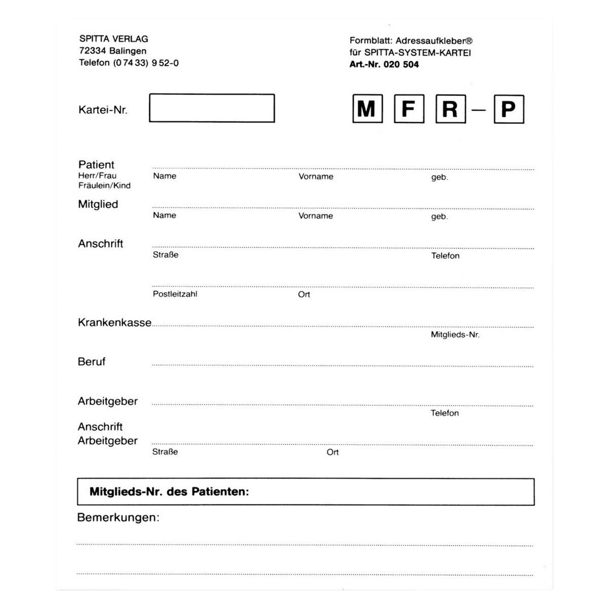 Anschriftenblatt für A5 Kartei - Weiß, Block 50 Blatt