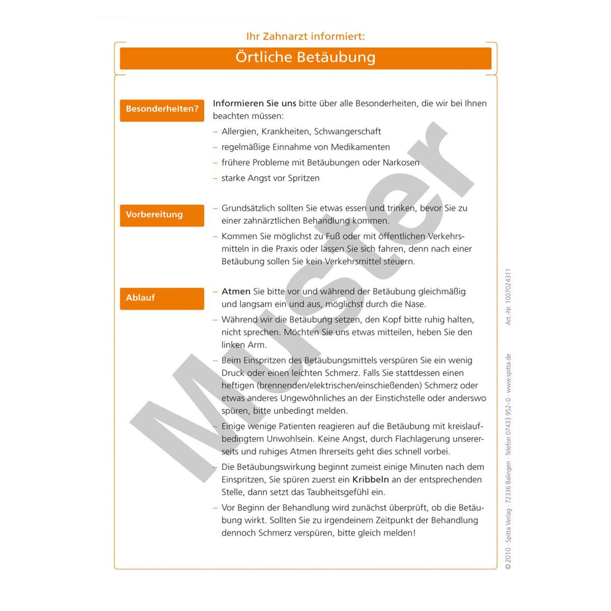 Merkblatt - Örtliche Betäubung - Block 100 Blatt