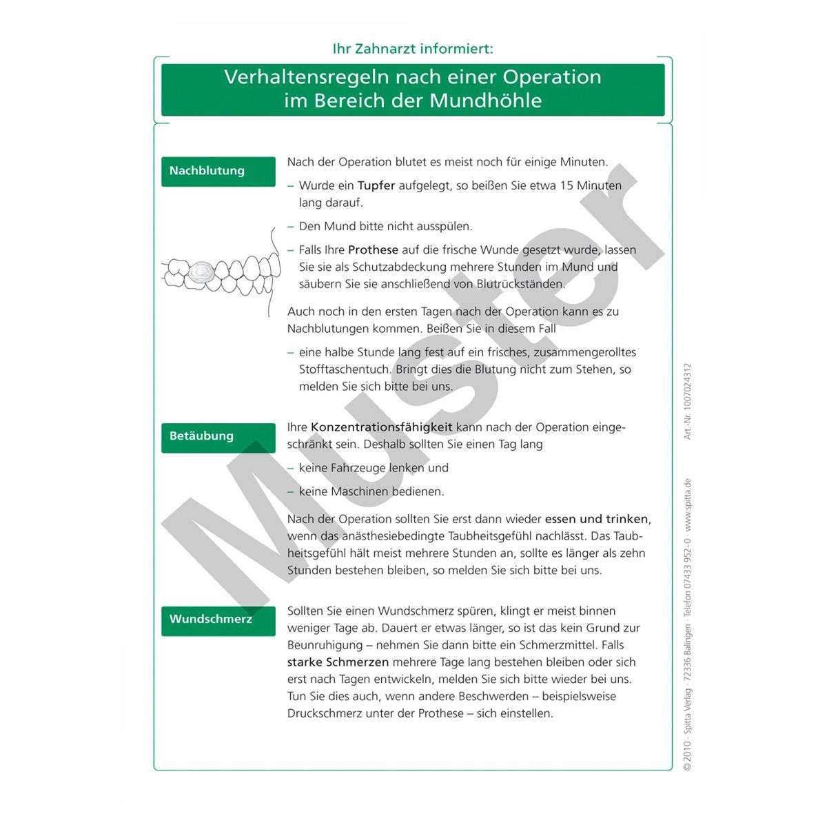 Merkblatt - Verhaltensregeln nach einer Operation im Bereich der Mundhöhle - Block 100 Blatt