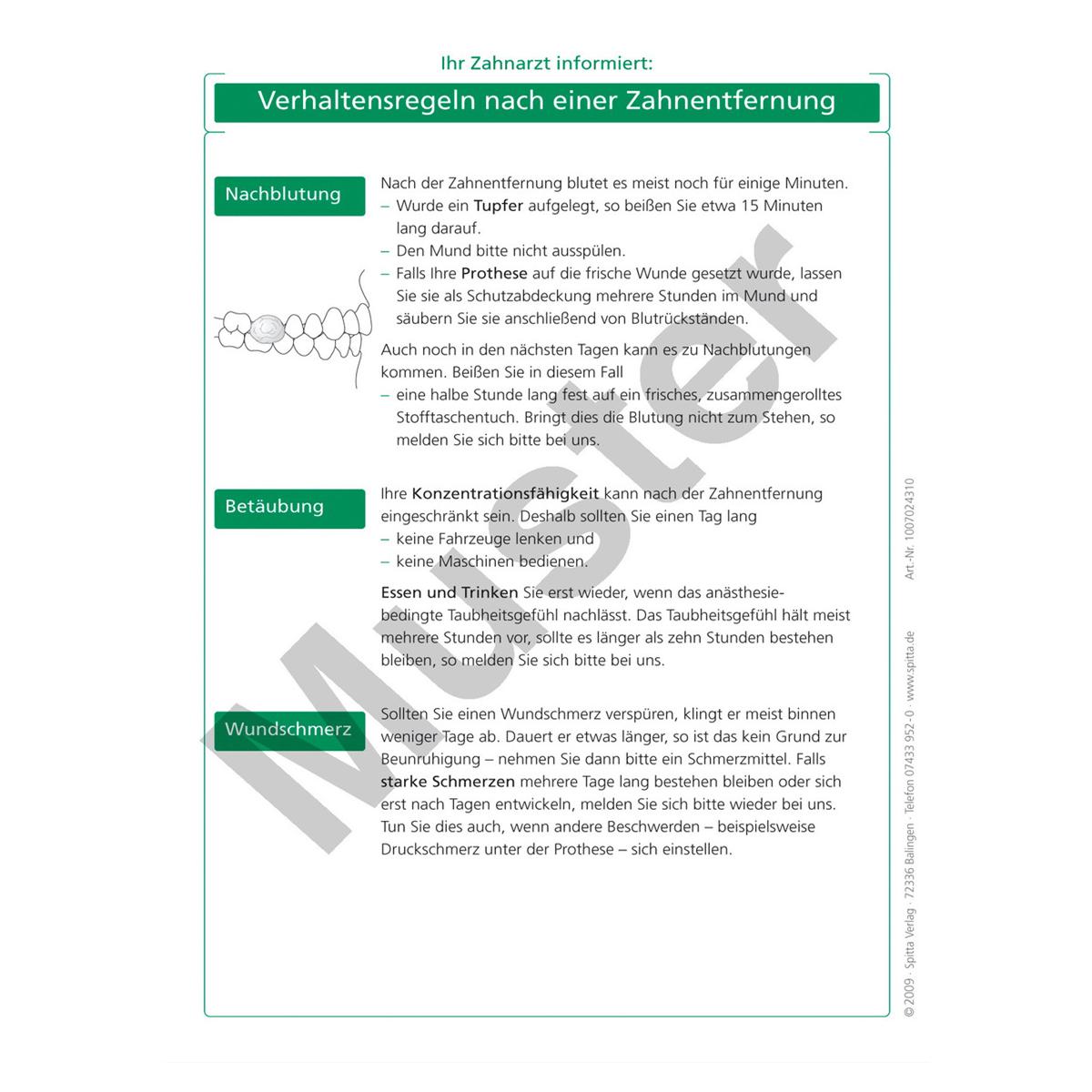 Merkblatt - Verhalten nach einer Zahnentfernung - Block 100 Stück