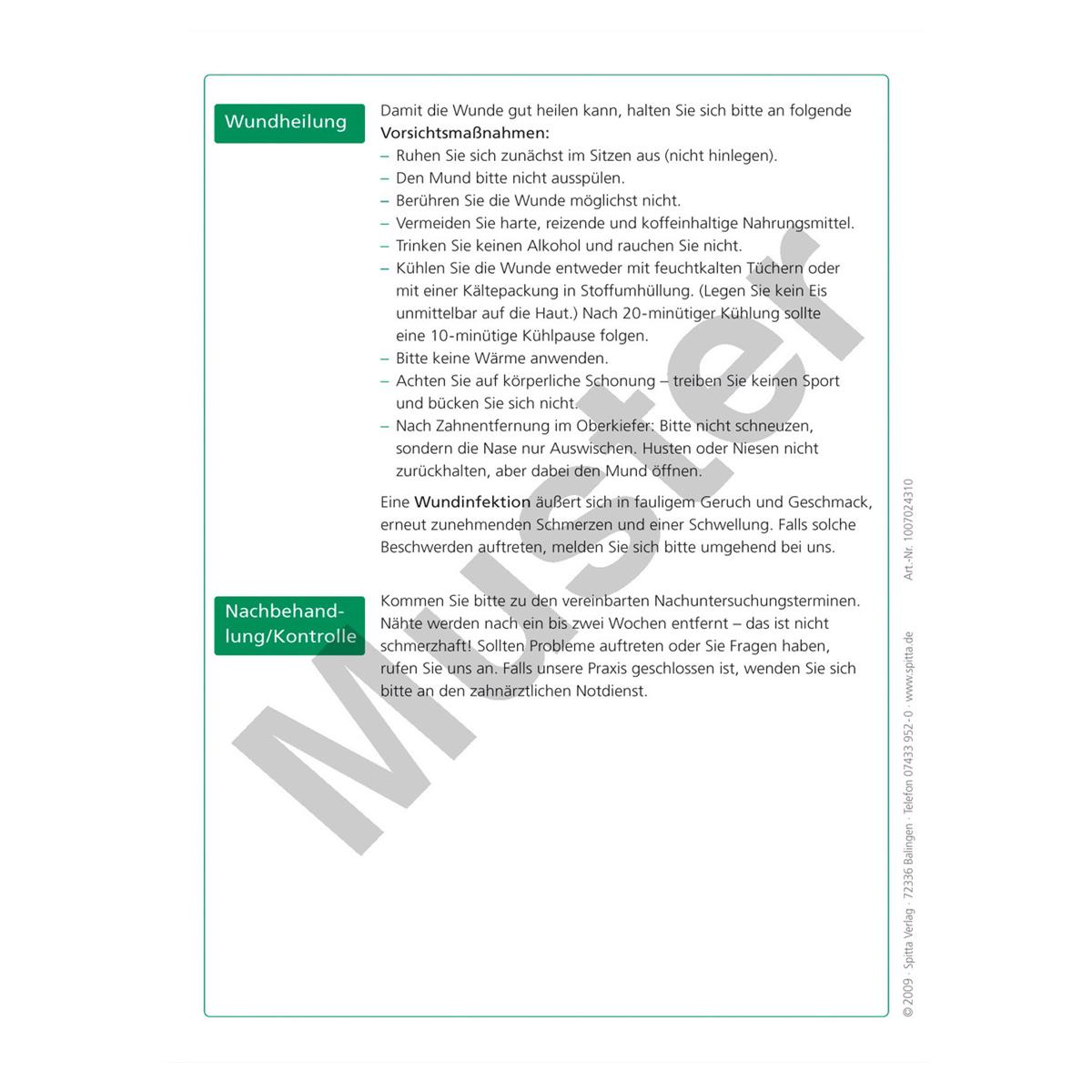 Merkblatt - Verhalten nach einer Zahnentfernung - Block 100 Stück