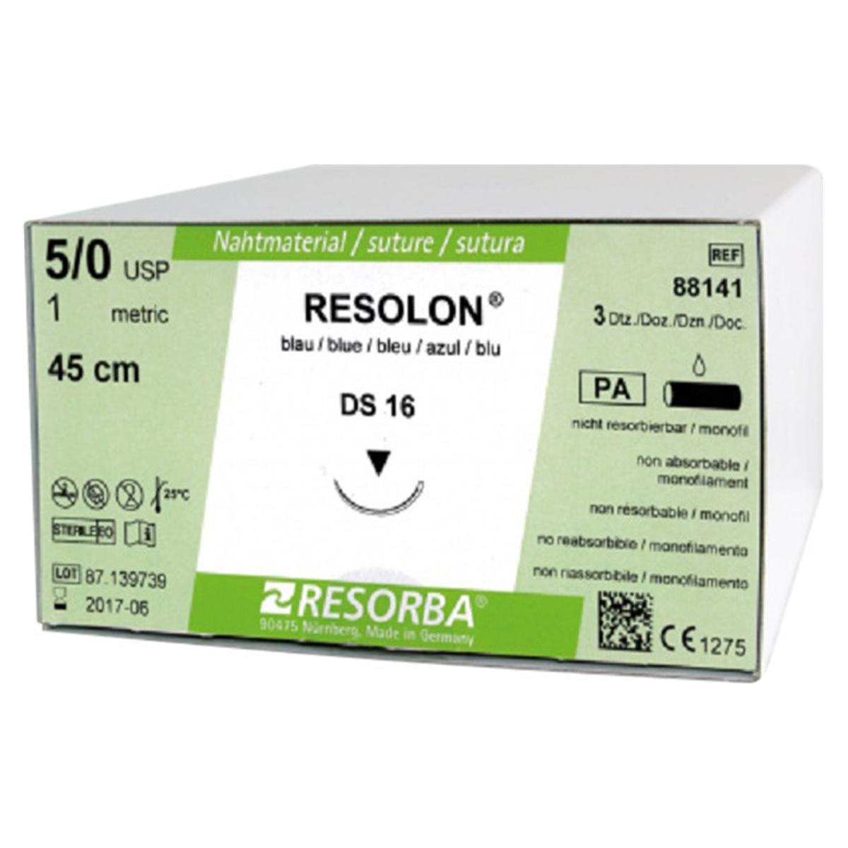 Resorba RESOLON® blau monofil - Nadeltyp DS 16 - USP 5/0, Länge 45 cm, Packung 36 Stück