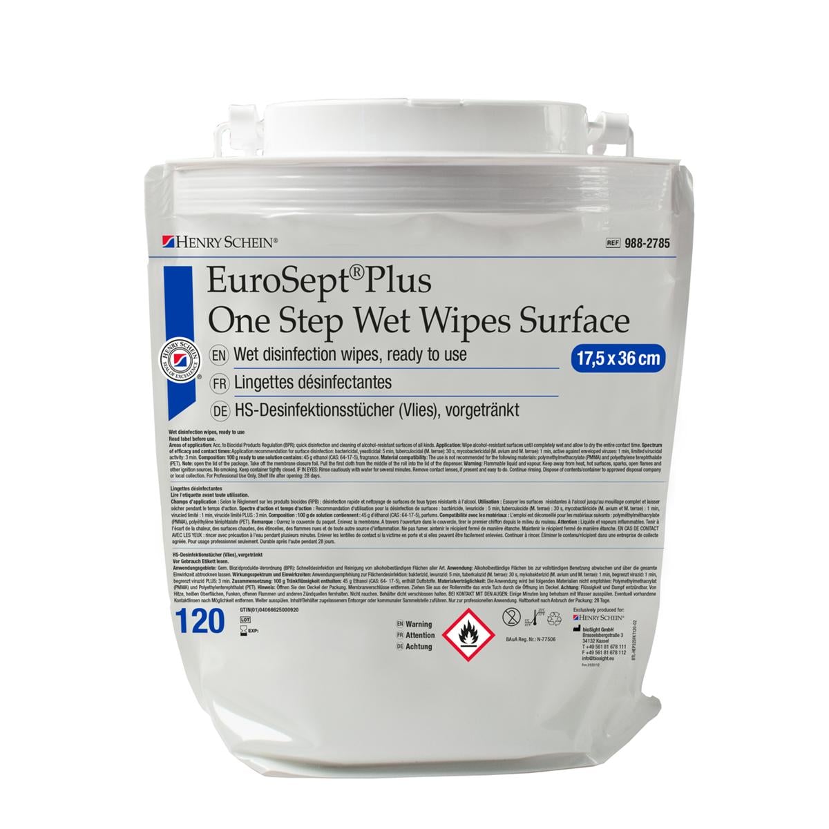 HS-Wet Wipes One Step, EuroSept® Plus - Format 17,5 x 36 cm, Tücher 120 Stück