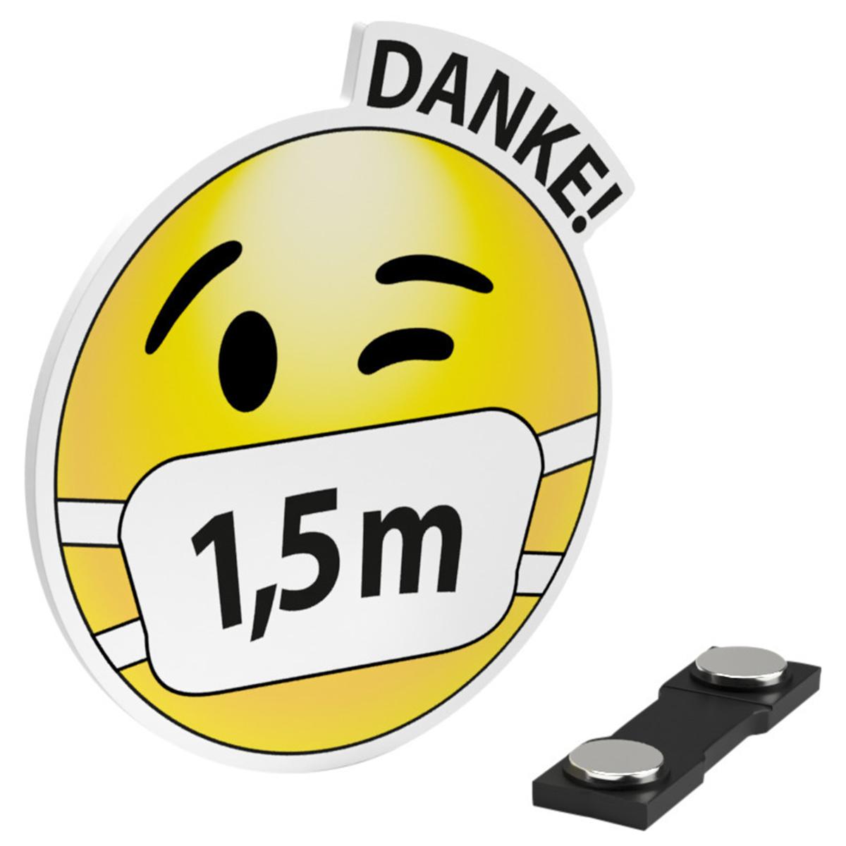 Magnet-Ansteckschilder Abstand Typ E - Smiley mit Mundschutz, 1,5 Meter Danke, Packung 10 Stück