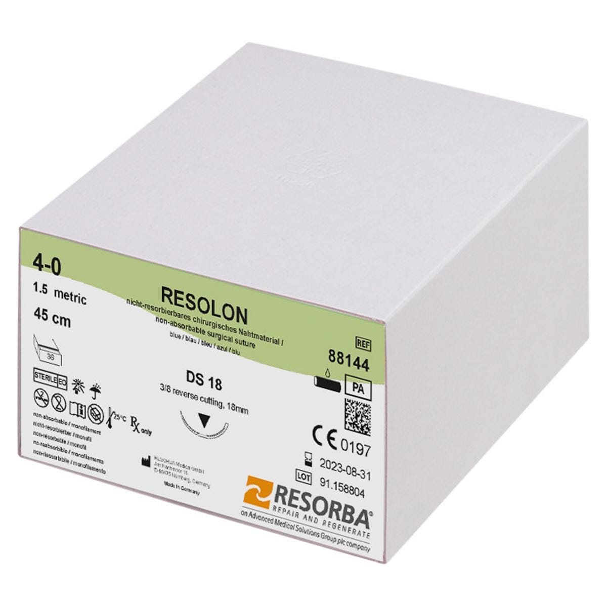 RESOLON® blau monofil - Nadeltyp DS 18 - USP 4-0, Länge 45 cm, Packung 36 Stück
