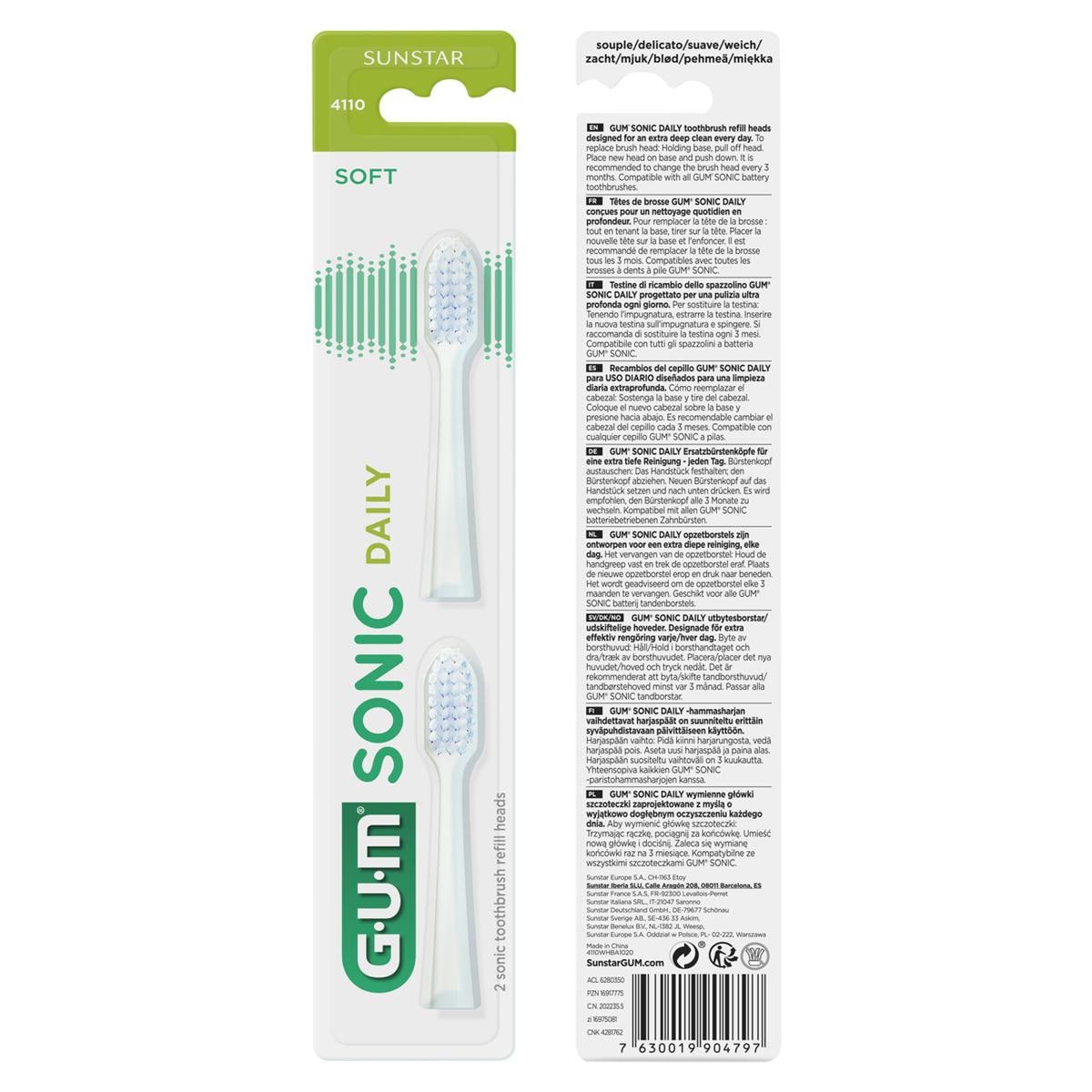 GUM® SONIC DAILY Ersatzbürsten - Weiß, Packung 2 x 4 Stück
