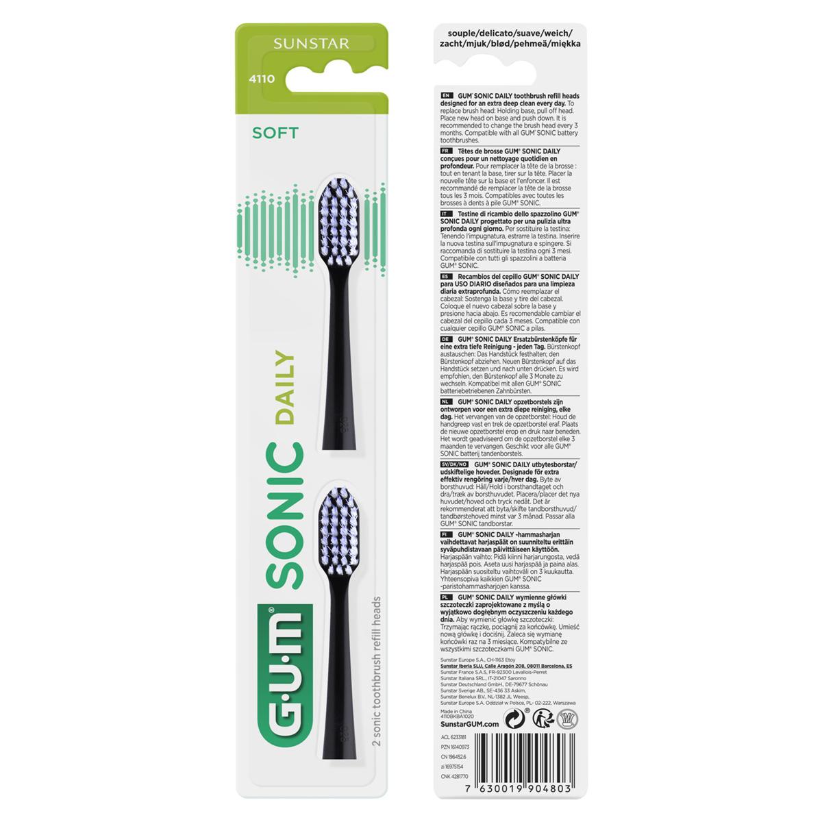 GUM® SONIC DAILY Ersatzbürsten - Schwarz, Packung 2 x 4 Stück