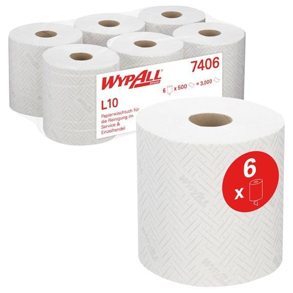 WypAll® Papierreinigungstücher - 1-lagig, weiß, Rollen 6 x 500 Tücher