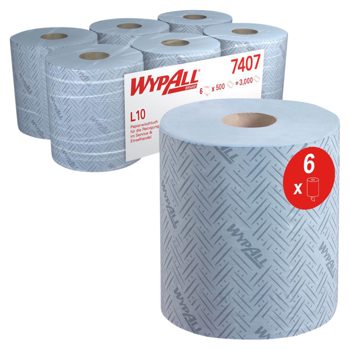 WypAll® Papierreinigungstücher - 1-lagig, blau, Rollen 6 x 500 Tücher