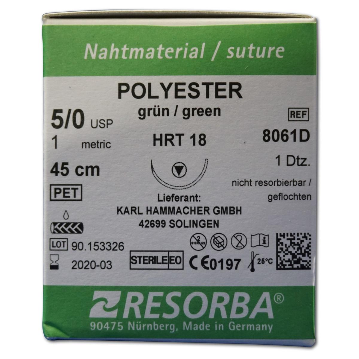 Resorba Polyester grün - Nadeltyp HRT 18 - USP 5-0, Länge 45 cm, Packung 12 Stück