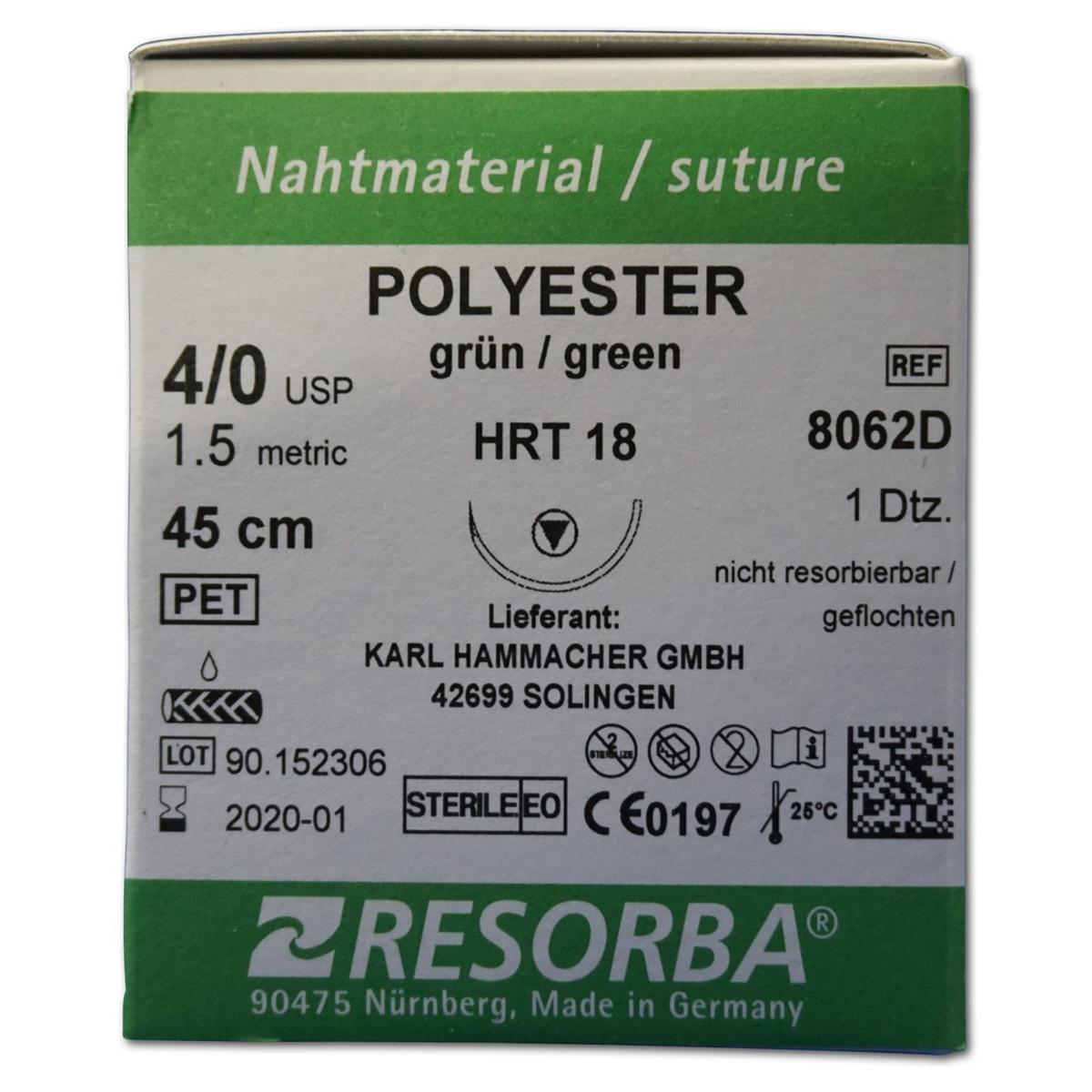 Resorba Polyester grün - Nadeltyp HRT 18 - USP 4-0, Länge 45 cm, Packung 12 Stück