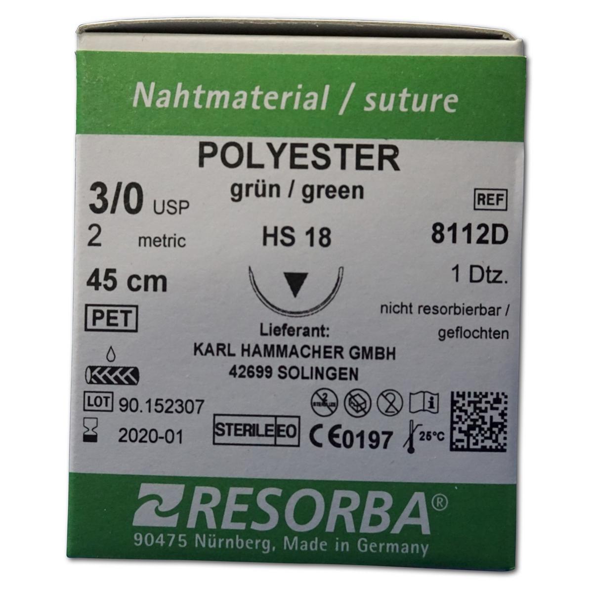 Resorba Polyester grün - Nadeltyp HS 18 - USP 3-0, Länge 45 cm, Packung 12 Stück