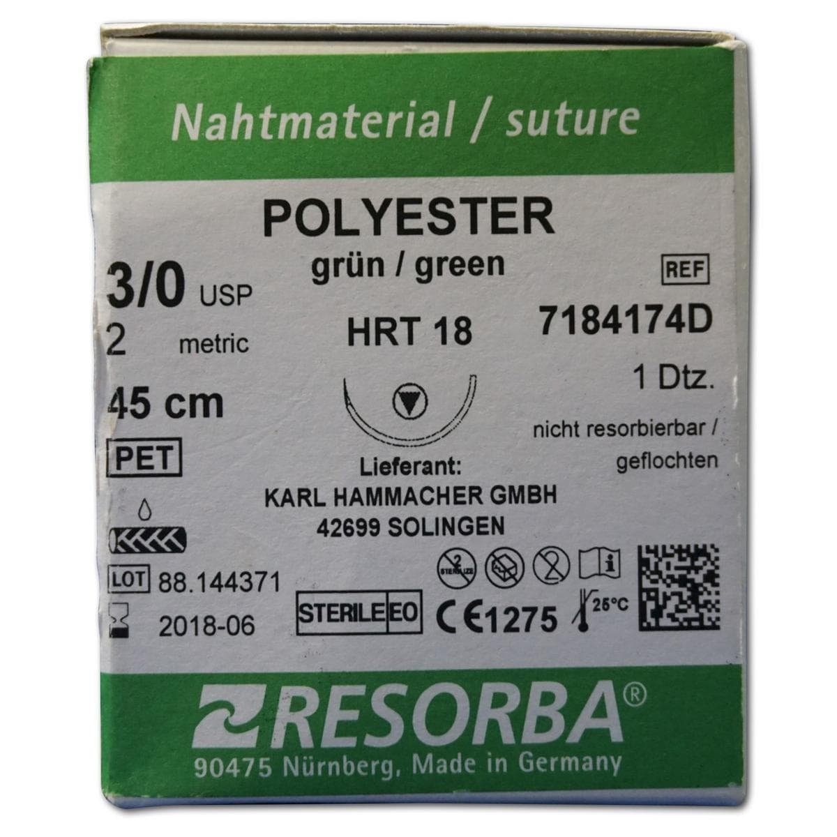 Resorba Polyester grün - Nadeltyp HRT 18 - USP 3-0, Länge 45 cm, Packung 12 Stück