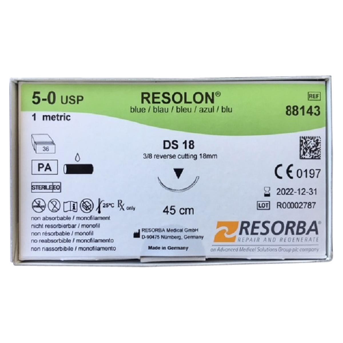 RESOLON® blau monofil - Nadeltyp DS 18 - USP 5-0, Länge 45 cm, Packung 36 Stück