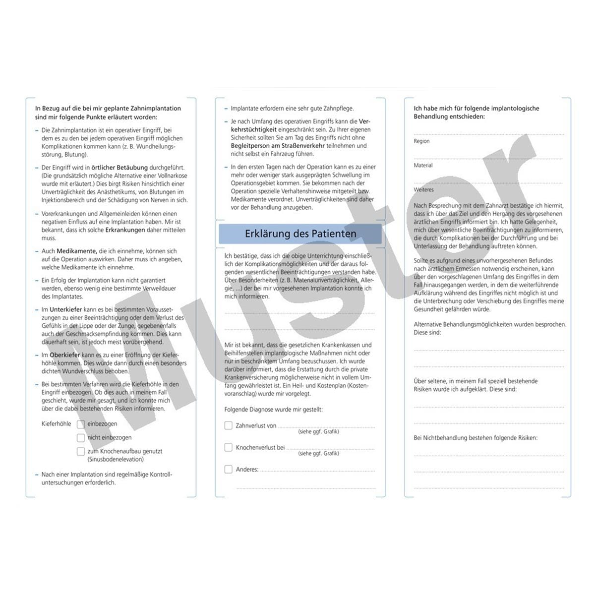 Einwilligung zu einer Zahnimplantation - Packung 50 Stück
