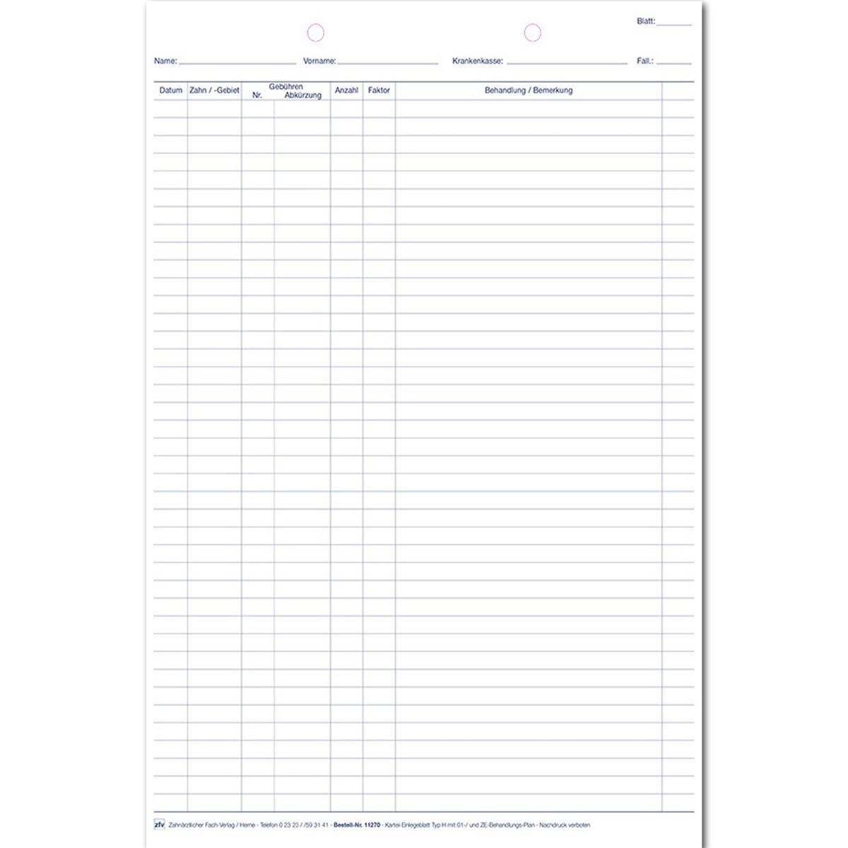 Kartei-Einlegeblätter DIN A4, kopfgelocht - Typ H, Packung 100 Stück