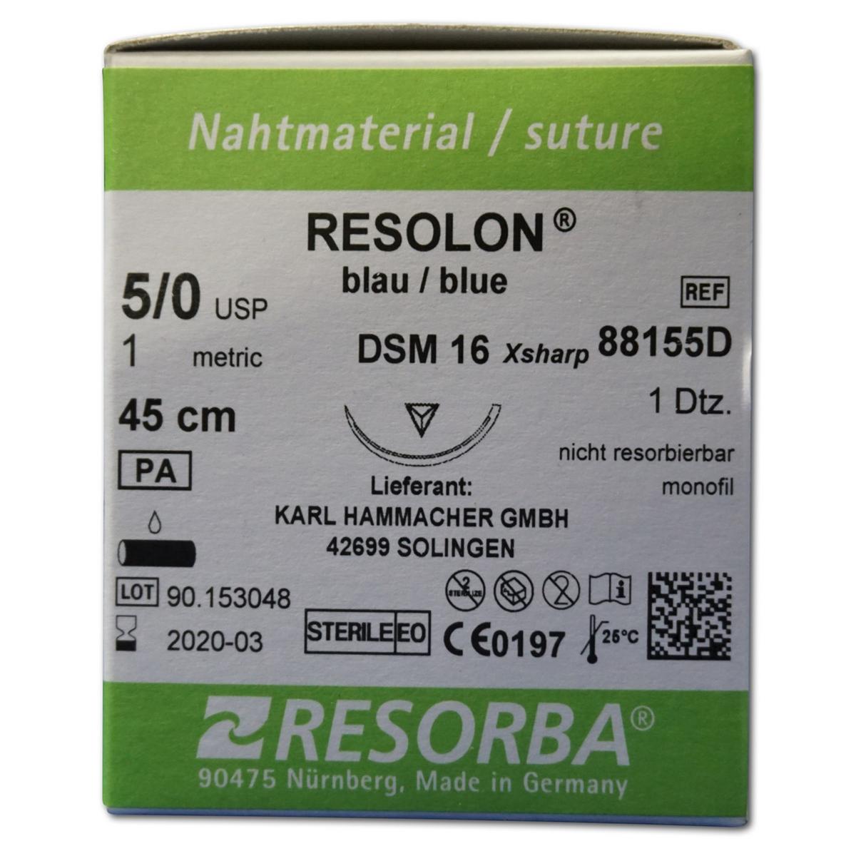 Resorba RESOLON® blau monofil - Nadeltyp DSM 16 - USP 5-0, Länge 45 cm, Packung 12 Stück