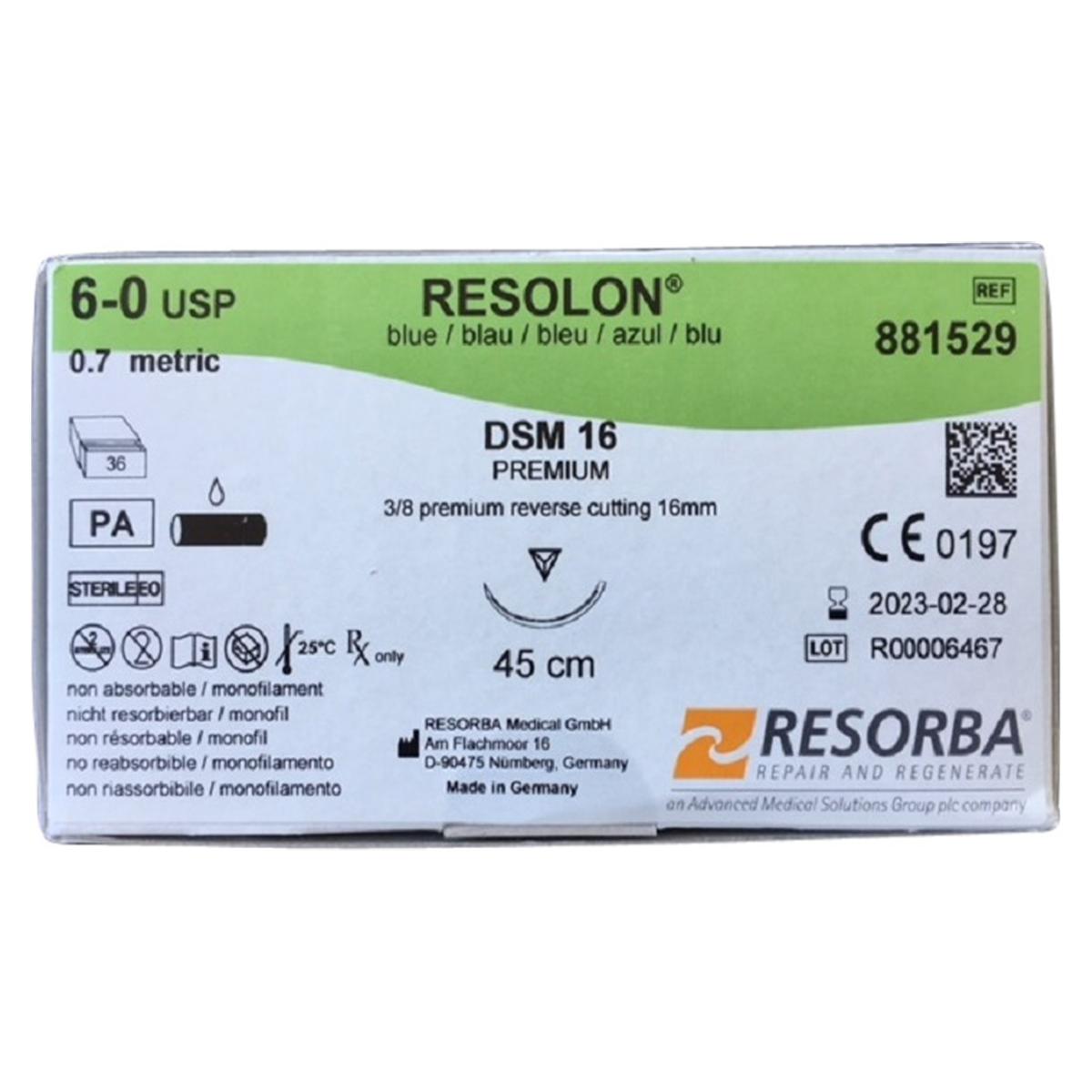 RESOLON® blau monofil - Nadeltyp DSM 16 - USP 6-0, Länge 45 cm, Packung 36 Stück
