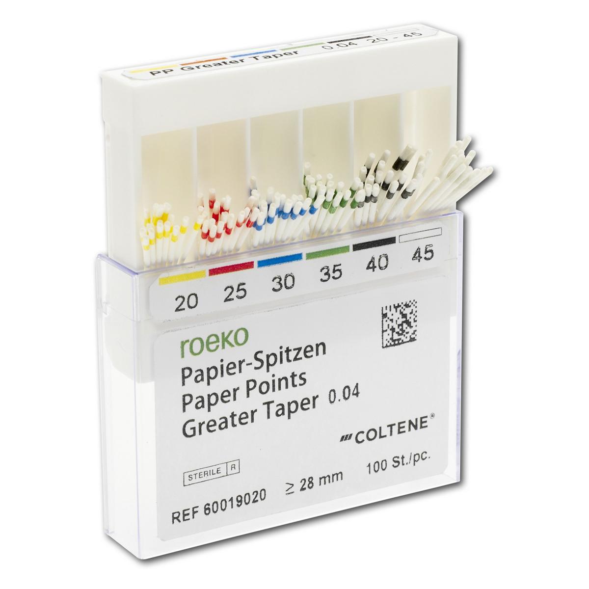 roeko Papier Spitzen Greater Taper - Schiebeschachtel - Taper 0.04, ISO 020 - 045, Packung 100 Stück