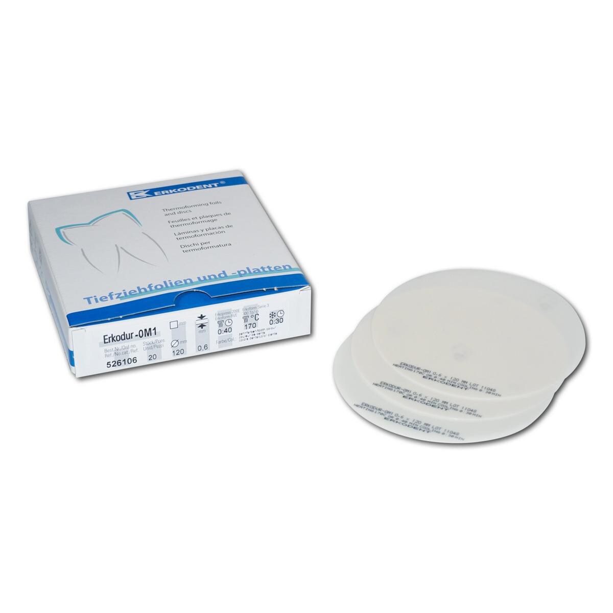 Erkodur-0M1 zahnfarben, mit Isolierfolie, Ø 120 mm (rund) - Stärke 0,6 mm, Packung 20 Stück