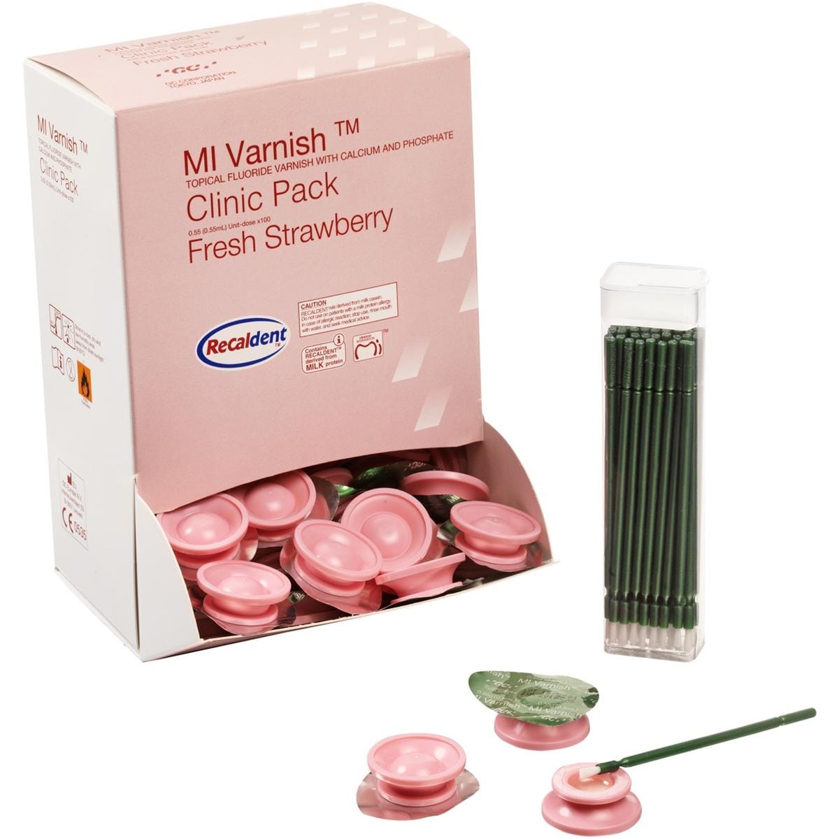 GC MI Varnish - Clinic-Packung - Erdbeere, Packung 100 x 0,4 ml und 100 Bürsten