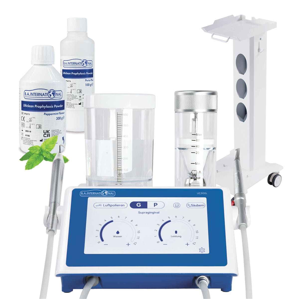 B.A. Ulticlean Combi UC500L - Starter Kit - Set, Prophylaxepulver Minze, Packung 4 x 300 g inklusive Gerätewagen