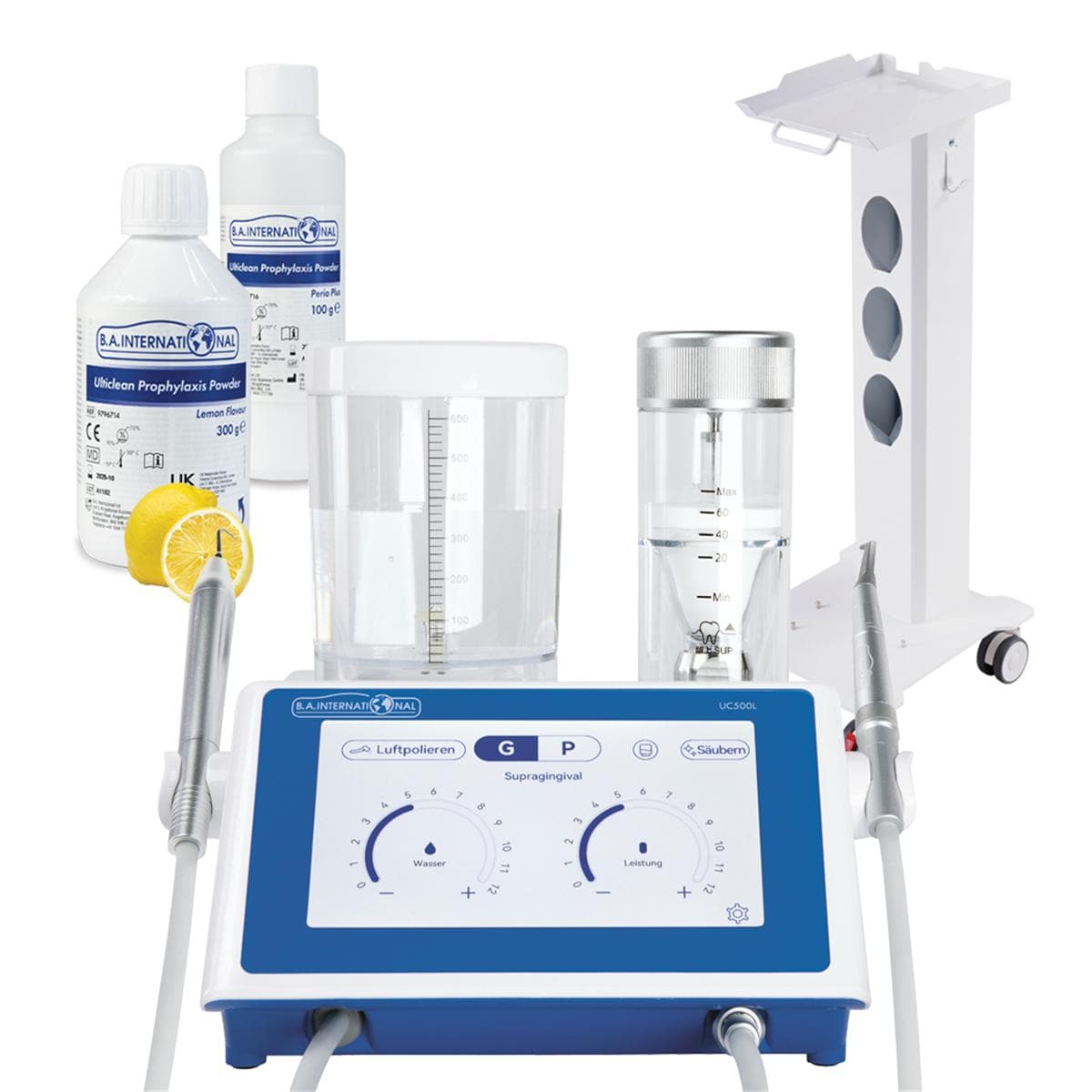 B.A. Ulticlean Combi UC500L - Starter Kit - Set, Prophylaxepulver Zitrone, Packung 4 x 300 g inklusive Gerätewagen