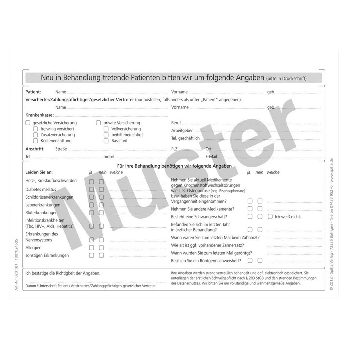 Anmeldung mit Anamnese - DIN A5 - Querformat, weiß, Block 100 Blatt