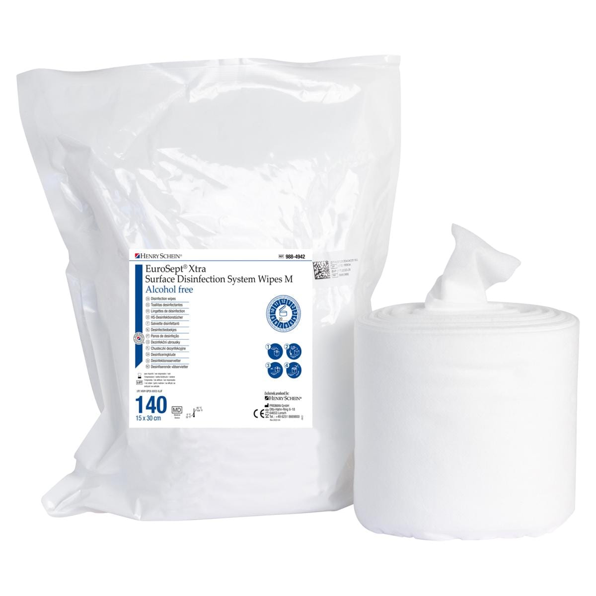 HS-Wet Wipes (ohne Alkohol) EuroSept® Xtra - Format 15 x 30 cm, Nachfüllbeutel 140 Tücher