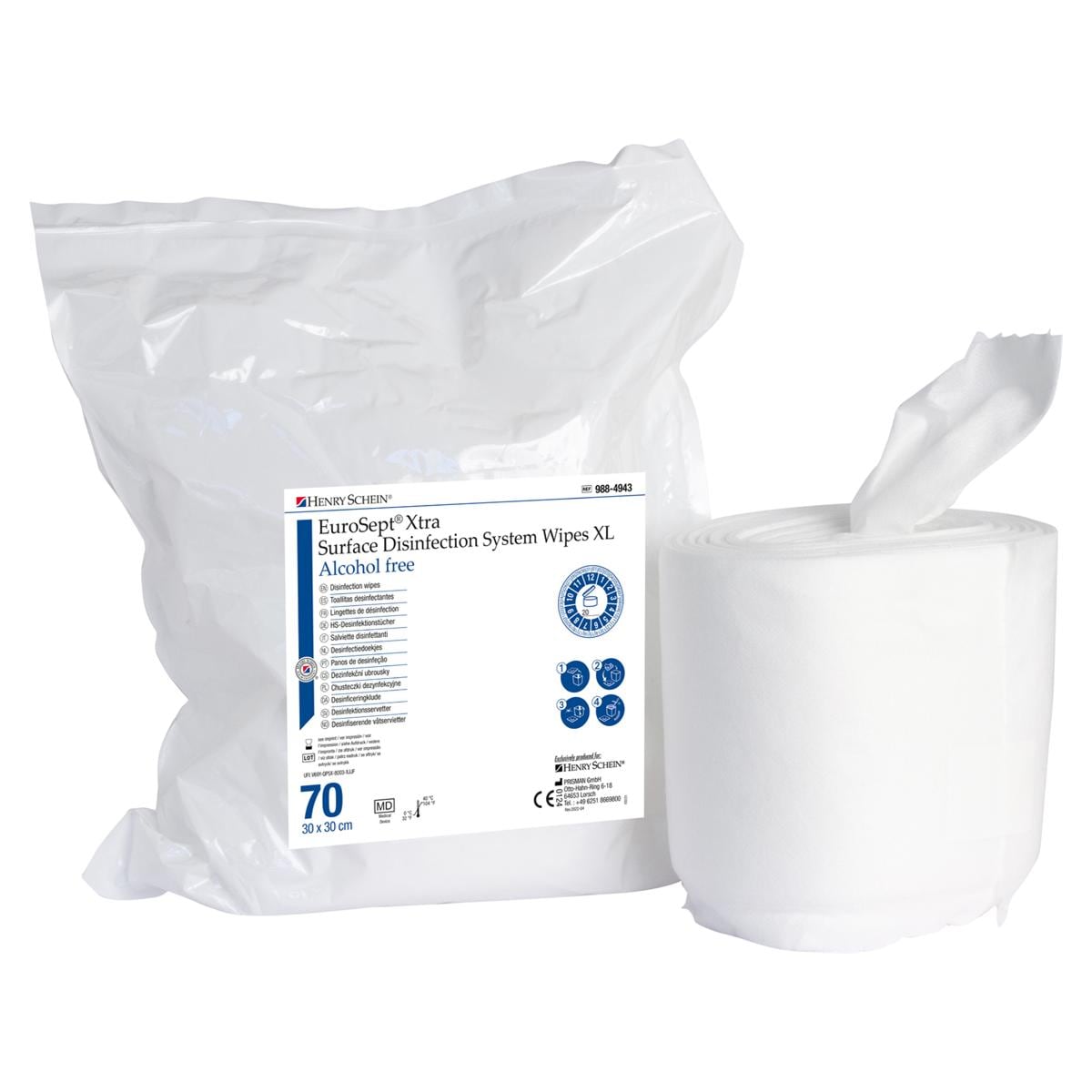HS-Wet Wipes (ohne Alkohol) EuroSept® Xtra - Format 30 x 30 cm, Nachfüllbeutel 70 Tücher