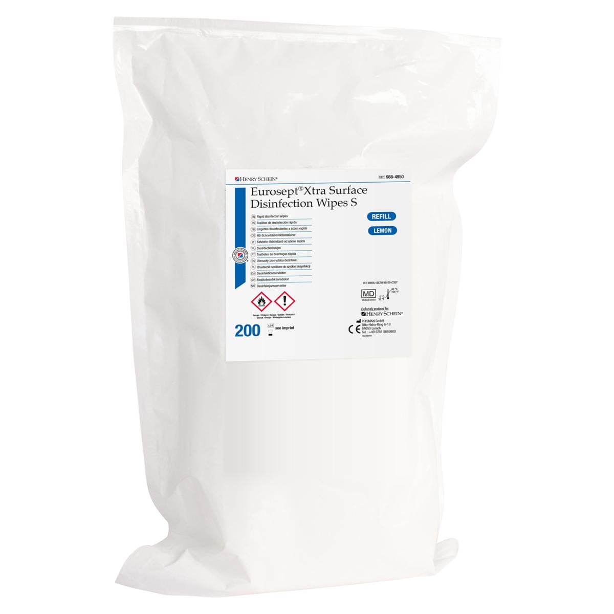 HS-Desinfektionstücher Lemon Eurosept® Xtra - Größe S, Format 20 x 22 cm, getränkt, Nachfüllbeutel 200 Tücher